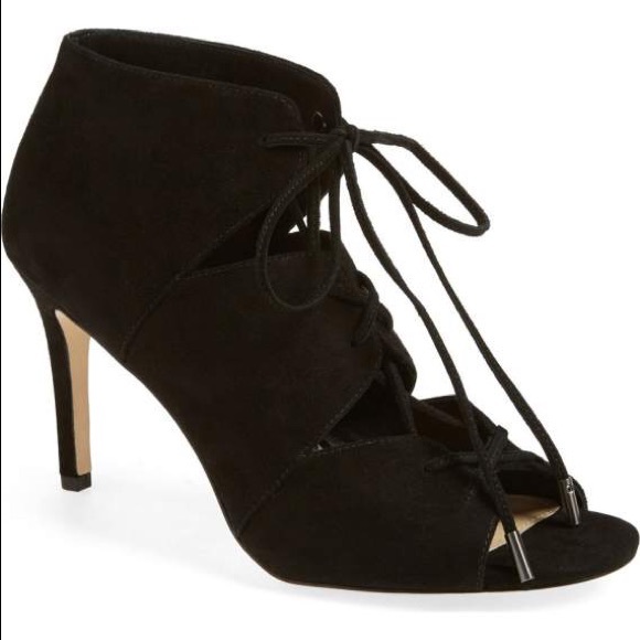 NIB Black Leather Lace Up Gladiator Peep Toe Heels - Picture 4 of 6